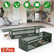 2Pack 15.35x4.72x3.94in 2-Door Humane Live Rat Trap Galvanized Iron Rodent Trap Cage Reusable for Home Garden Farm Warehouse