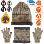 Winter Knitted Hat Scarf Gloves 3Pcs Winter Warm Beanie and Touch Screen Gloves Scarf Set Knit Beanie Skull Cap Neck Warmer Mittens for Men Women