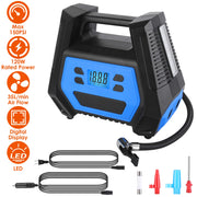 Portable Tire Inflator 150 PSI 120W Max Power Tire Pump with Digital Display LED Light Inflatable Nozzle Needle Fuse Air Compressor for Bikes Motorbik