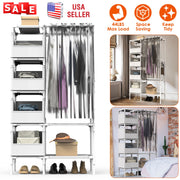 Portable Closet Wardrobe Clothes Storage Cabinet Organizer Garment Hanging Rack Shelves with 4 Storage Bags 1 Shelf 1 Hanging Rod 4 Hooks
