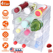 4 Tier Bottle Storage Holder 12 Bottles Transparent Stackable Bottle Organizer Standing Drink Holder Shelf for Kitchen Fridge Cabinet Pantry