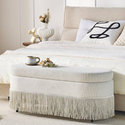 Oval Upholstered Storage Ottoman with Fringe Trim, 39.4"