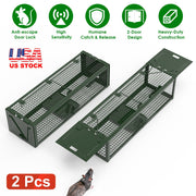 2Pack 15.35x4.72x3.94in 2-Door Humane Live Rat Trap Galvanized Iron Rodent Trap Cage Reusable for Home Garden Farm Warehouse