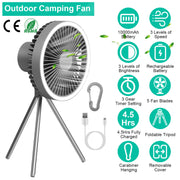 Camping Fan with Lantern 10000mAh Rechargeable Battery Powered Portable Tripod Fan for Tent with Hanging Hook Carabiner Emergency Power Bank Desk Fan