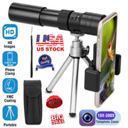 10X-300X Zoom Monocular Telescope High Definition Phone Telephoto Lens w/ Phone Holder Clamp Tripod For Hunting Hiking Sightseeing