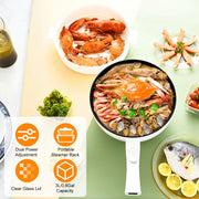 Electric Hot Pot Non-Stick Frying Pan Portable Rapid Noodles Cooker with Long Handle Steamer Spatula Dual Power Control Overheat Dry-Boil Protection f