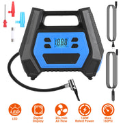 Portable Tire Inflator 150 PSI 120W Max Power Tire Pump with Digital Display LED Light Inflatable Nozzle Needle Fuse Air Compressor for Bikes Motorbik