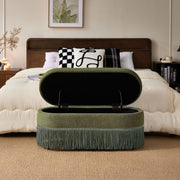 Oval Upholstered Storage Ottoman with Fringe Trim, 39.4"