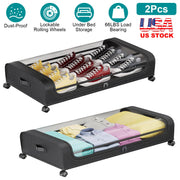 2Packs Under Bed Storage Containers Rolling Clothing Organizer 42L/11Gal Under BedÊDrawers with Clear Lid 360¡ Lockable Rolling Wheels Strap Handles
