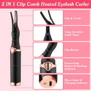 2 In 1 Clip Comb Heated Eyelash Curler Electric Mini Lash Curler Natural Eye Lash Makeup Tool with 3 Temp Settings 10Mins Shutdown