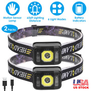 2Packs Rechargeable Motion Sensor Headlamp 6 Light Modes COB XPG Headlight Torch Flashlight for Fishing Running Camping Hiking