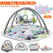 4 In 1 Baby Gym Play Mat Ball Pit Baby Lounger Safety Fence Tummy Time Mat Baby Activity Center with Pillow 18 Balls 9 Toys for 0-3 Years Old