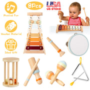 8Pcs Toddler Musical Toys Wooden Montessori Musical Instruments with Xylophone Tambourine Maracas for Boys Girls Aged 3 4 5 Years Old