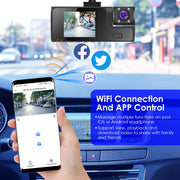 WiFi FHD 1080P Car Dash Cam 3 Channels Front Rear Inside Dash Camera with Loop Recording Reversing Visual Night Vision WDR 170° Wide Angle Support 128