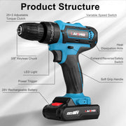 Cordless Drill Set With 2Pcs 28V Batteries and Charger 2 Variable Speeds 3/8In Keyless Chuck 265ln-lbs 25+3 Torque Positions Included 24Pcs Drill Bits