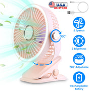 Portable Quiet Clip On Fan With 5 Speeds 3 Brightness 720¡ Fully Adjustable Angle Type-C Rechargeable Clip Desk Wall Mounted Fan For Camping Office Ho
