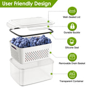5Pcs Fruit Vegetable Containers with Removable Drain Basket Leakproof Lid Stackable Food Storage Organizer for Fridge Dishwasher Safe