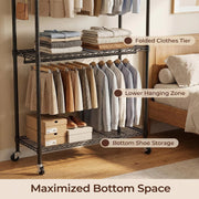 Rolling Clothes Rack with Shelves and Lockable Wheels