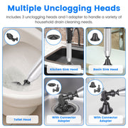 Electric Toilet Plunger with Air Pressure Gauge & 3 Heads