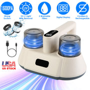 15000PA Double-Cup Bed Vacuum Cleaner with UV-C Light Cordless Mattress Vacuum Rechargeable Dust Mites Remover with 3 Washable Filters