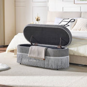 Oval Upholstered Storage Ottoman with Fringe Trim, 39.4"