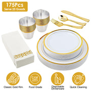 175Pcs Disposable Gold Dinnerware Set Gold Rim Plastic Plates Cups Fork Spoon Knife Paper Napkins for Party Wedding Graduation