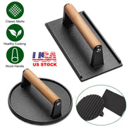 2Pcs Cast Iron Grill Press Pre-Seasoned Steak Weights Smash Burger Press Bacon Meat Smasher with Wood Handle 7in Round & 8.2x4.25in Rectangular Grill