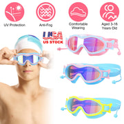 Kids Swim Goggles With Ear Plugs UV Protection Anti-Fog Leak Proof Wide View Pool Swimming Goggles For Youth Boys Girls Aged 3-16 Years Old Summer Bea