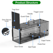 26in Single Door Live Animal Cage Trap For Animals Under 5LBS Easy To Setup Humane Galvanized Iron Trap Cage For Small Cats Rabbits Squirrels Moles Ch